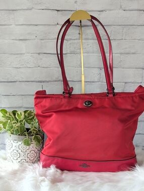 Coach Red Nylon and Leather Tote with Turn-Lock Accent